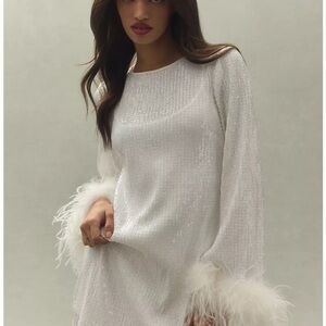Anthropologie white HUTCH FAUX FEATHER LONG-SLEEVE SEQUIN MINI DRESS, size Large